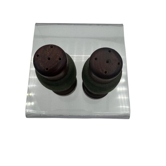 Vintage Wooden Salt & Pepper Shakers With Green Flocked Velvet Accent Band - Picture 2 of 4
